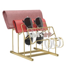 yeshine Gold Purse Display Stand, 4-Tier Wallet Display Rack for Boutique and Vendor Events,Purse Shelf for Organize and Display Clutches, Small Handbags, and Wallets (Polished Gold)