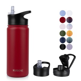 MURBONE Stainless Steel Drinking Bottle 500 ml (+ 2 Lids) with Straw, BPA-Free, Leak-Proof, Suitable for Carbonated Drinks, Thermos Flask, Vacuum Double Wall Insulation for Sports, Travel, Camping