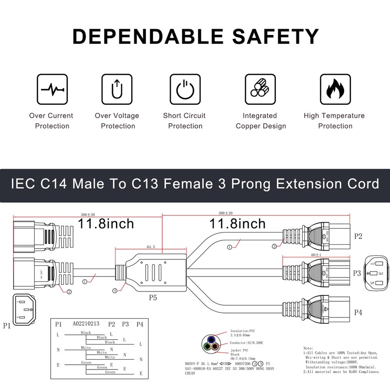 3 Way Splitter 3X C13 to C14 Power Cord Split