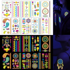 Glow in the Dark Tattoos 80 PCS Glow in the Dark Party Supplies, Neon Body Paint Be UV Blacklight Reactive Face Temporary Tattoo for Adults, Teens Neon Accessories Party Favors Decorations Q746