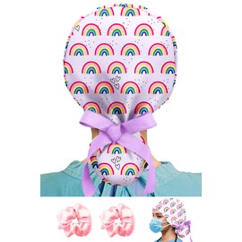 Plifal Scrub Cap Adjustable with Sweatband & Buttons - 100% Cotton Cute Purple Rainbow Surgical Nurse Working Cap Women Scrub Bonnet, Surgeon Head Cap & 2 Satin Scrunchies for Medical Work Accessories