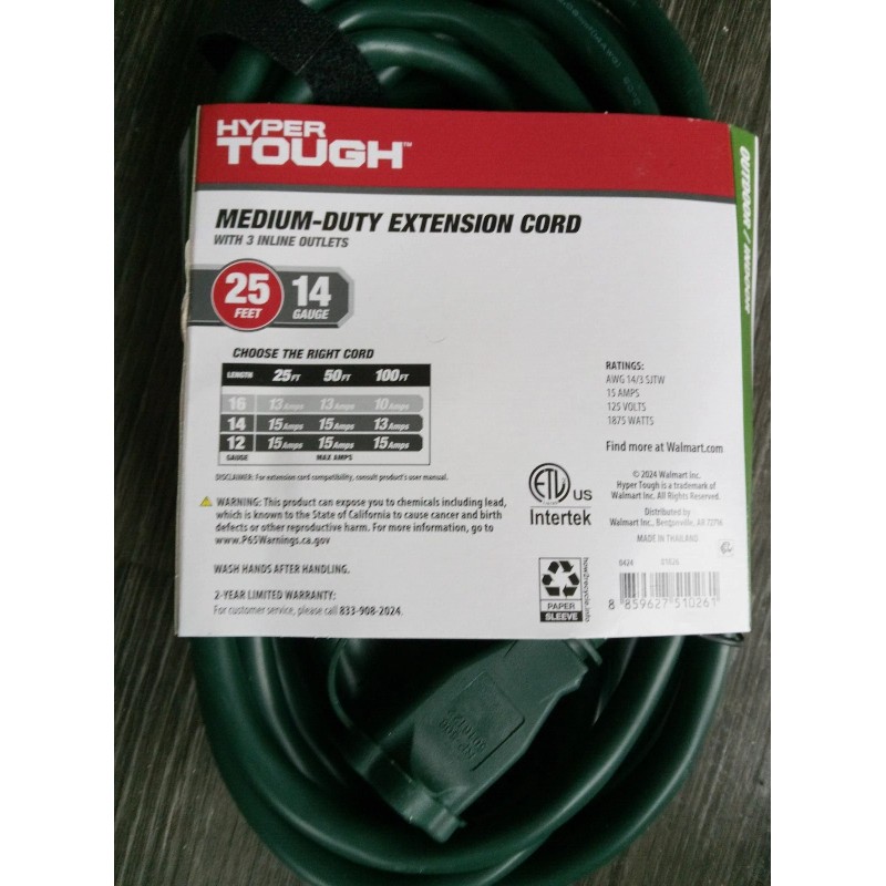 Hyper Tough med Duty Extension Cord 25 Foot Green with