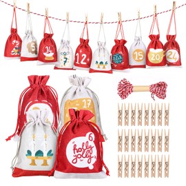 GWHOLE 24PCS Advent Calendars Small Bags for Filling, Christmas Burlap Gift Bags with Drawstring, DIY Make Your Own Advent Calendars for Xmas Christmas Decorations