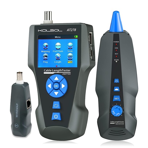 KOLSOL Network Cable Tester, AT278 NF-8601S TDR Multi-Functional LCD Wire Tracker for RJ45, RJ11, BNC, Metal Cable,PING/POE Cable Length Test with Port Flashing