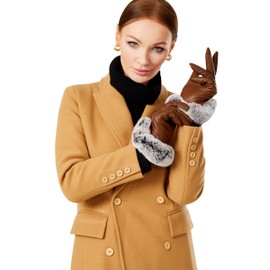 VIKIDEER Elegant Super Warm Fur Lined Gloves Women Leather Gloves Rabbit Fur Lining and Cuffs Touchscreen Driving Brown Small