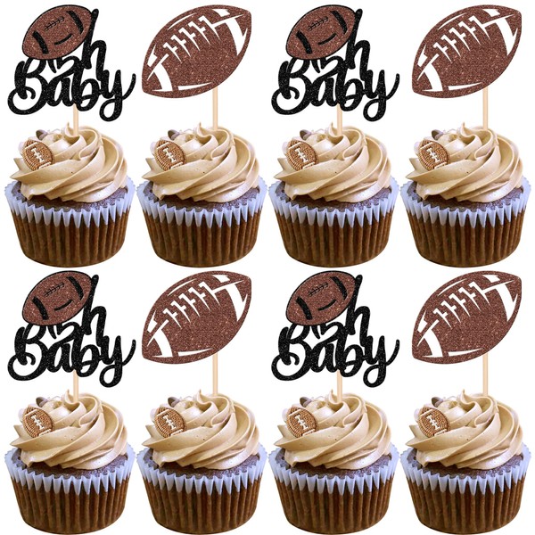 Paquete de 24 adornos de fútbol americano Oh Baby para cupcakes con purpurina, bola de rugby Oh Baby para cupcakes con temática de rugby, baby shower, niños, fiesta de cumpleaños, decoración de pasteles, color café
