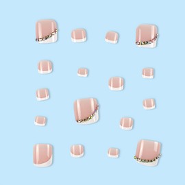 ASONRL 24 Pcs Press On Toenails, Short Square Diagonal French Toe Press On Nails with Diamond, Reusable Solid Pink Fake Toenails Glue On Toe Nails Kit for Women-French Tip Diagonal