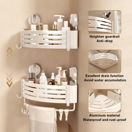 Voldra Shower Shelf No Drilling Shower Shelf Corner Suction Cup Bathroom Shelf Wall Shower Basket with Towel Holder Corner Shelf Bathroom Shelf Shower Metal Shelf Shower Basket No Drilling (Pack of 2