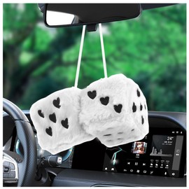 Fuzzy Dice for Rear View Mirror with Suction Cup,Cute Mirror Dice Decorates Car Accessories Interior,Stylish Car Hanging Ornament Car Dice Increasing Driving Pleasure (White)