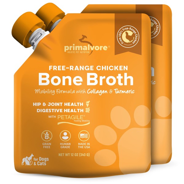 Primalvore Free-Range Bone Broth for Dogs &Cats, Mobility Formula w/Collagen Peptides to Help Support Hip & Joints, Digestion, Skin & Coat and Hydration, Human Grade, Made in USA. Chicken 2 Pack