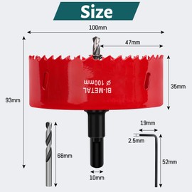 Yeepeo Hole Saw 100 mm, Universal HSS M42 Bi-Metal Hole Saws, Circular Saw with Hex Shank and Drill Bit Set Drill Bit for Wood, Drywall, Plastics, 1 Piece Red