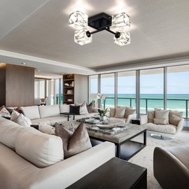 diisunbihuo Vintage Sputnik Ceiling Light Matte Black Semi Flush Mount Ceiling Light Modern 4 Light Chandelier Ceiling Light for Kitchen Bedroom Living Room Hallway (Square Crystal Shade)