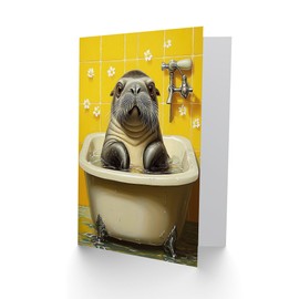 Artery8 Greeting Card Cute Walrus Yellow Bathroom Bathtub Bath Time For Her Woman Birthday Card