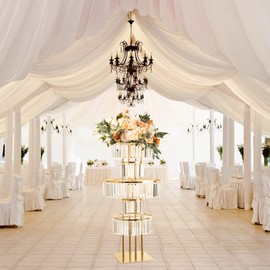 Bigsee Wedding Gold Vases Centerpieces Crystal Flower Stand with Hanging Crystals, 5 Tier Round Chandelier Pedestal Stand for Wedding Road Lead T Stage Flower Arrangement Decoration