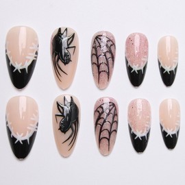 MISUD Press on Nails - Medium Almond Glue on Nails with Black French Tip, Acrylic Goth Spider Design 24 pcs
