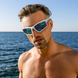 DEAFRAIN Polarized Sports Sunglasses for Men Women Cycling Running Golf Fishing Baseball White Blue Glasses TR90 Unbreakable Frame UV400 Protection