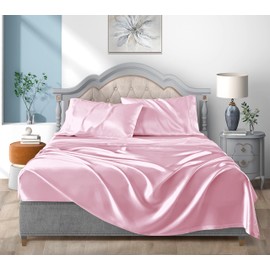 Satin Bed Sheets Full Size Sheet Sets, Pink Silk Sheets, 4 - Pieces Soft Bedding Set with 1 Deep Pocket Fitted Sheet,1 Flat Sheet,2 Pillowcase