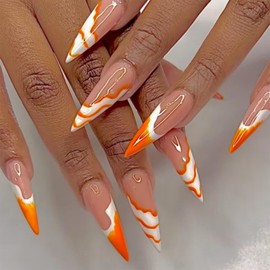 IMRAIN Press on Nails Long Stiletto Fake Nails Orange French Tips False Nails with Wave Designs Full Cover Spring Summer Acrylic Nails for Women Girl Nail Decoration 24Pcs Stick on Nails