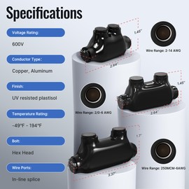 RVBOATPAT 6 Pack 2 Port Inline Splice Connector Aluminum Wire Connectors Slotted Allen Hex Dual Entry Insulated Multi Connectors (2-14 AWG 2/0-6 AWG 250MCM-6AWG)