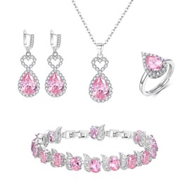 EleQueen Heart Necklace Earrings Bracelet Open Rings Set for Bride Bridesmaid, Cubic Zirconia Jewelry Set for Anniversary/Mother's Day/Memorial Day Pink Silver-Tone