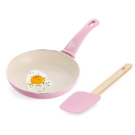 GreenLife Soft Grip 8” Frypan Skillet and Spatula Breakfast Cookware Set, PFAS-Free Ceramic Nonstick, Silicon Spatula with Bamboo Handle, Egg Omelte Bacon, Dishwasher Safe, Stay-Cool Handles, Pink