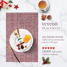 VCVCOO Red Christmas Placemats Set of 6 - Elegant Vinyl Woven Table Mats Heat-Resistant for Holiday Dining Table Deco, Wipeable Anti-Slip Place Mats for Indoor/Outdoor (17.7 x 11.8 inch)