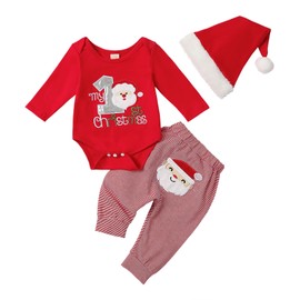 YILEEGOO Baby Girl My 1st Christmas Outfits Letter Long Sleeve Romper Tops+Bell Bottom Pants+Headband 3 Pcs My First Christmas Clothes Set (W5 Red, 6-12 Months)