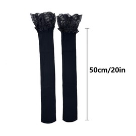 Vpogn Women's Opaque Stretchy Nylon Over Knee Thigh High Stockings Sexy Lace Top Knee High Costume Socks (US, Alpha, One Size, Regular, Regular, 1, Black)