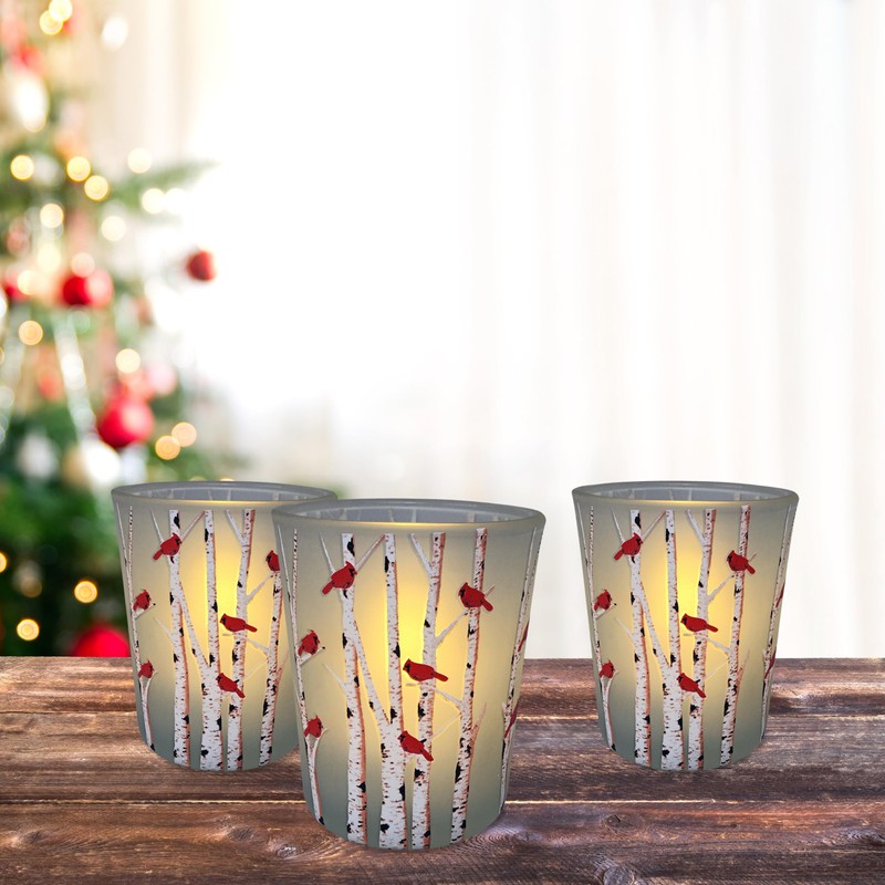 Cardinals Christmas Lighted Candle Holders - Cardinals on Birch Branches