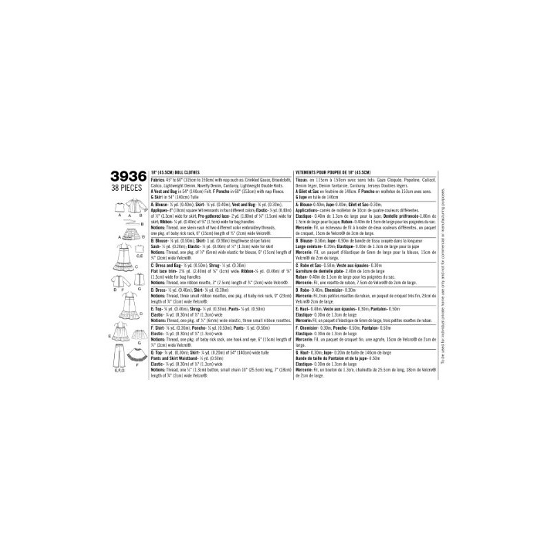 Simplicity Sewing Pattern 3936 Doll Clothes, One Size