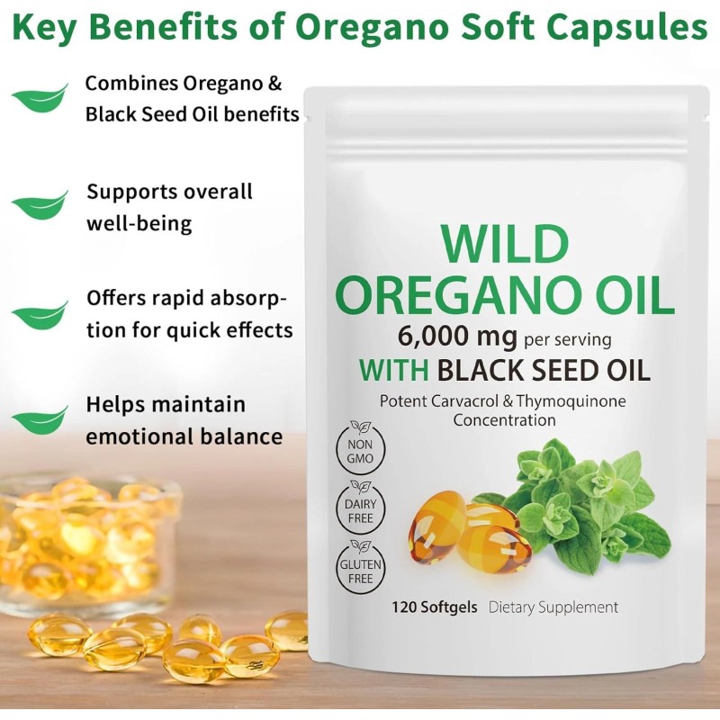 Daiasns Oregano Oil Capsules,240 Softgels, 2 in 1 6,000mg Wild