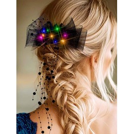 Yokawe Light Up Hair Bow Black Tulle Beaded Strings Bowknot, Flower Led Hair Clip for Women
