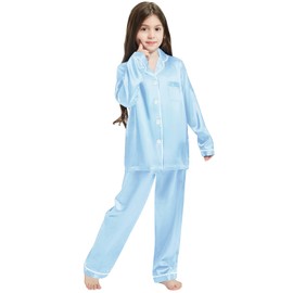 Silk Pajamas for Girls Satin Long Sleeve Button Down PJ Set Two-Piece Sleepwear for Kids, Light Blue Pjs, 11-12 Years