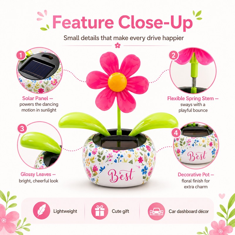 Solar Dancing Flower for Car & Desk Décor – Battery-Free