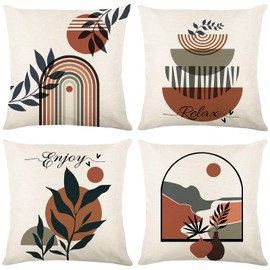 Menoeceus Boho Throw Pillow Covers 18x18, Mid Century Modern Sunset Sunrise Line Leaf Printed Throw Pillow Covers, Boho Decorative Pillow Covers for Couch Cushion Case Home Decor Set of 4 (Boho-5)
