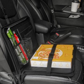 BIZOCO Car Front Seat Organizer with Steering Wheel Eating Tray for Pizza, Phone, Laptop, Watch, Universal Portable Passenger Seat Organizer with Adjustable Straps and Cup Holder