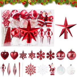 UCAMP Set of 88 Christmas Baubles, Plastic Red and White, Star in the Tree Crown, Christmas Tree Baubles, Colourful, Reusable Christmas Decoration, for Christmas Trees, Stairs and Wall Decorations