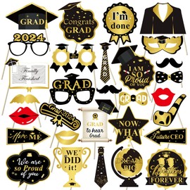 LMSHOWOWO Graduation Decoration 2024, Pack of 30 Graduation Photo Props, Graduation Photo Booth Props, Photo Box Accessories for Graduation, Graduation Photo Props, Black Gold Graduation Decoration