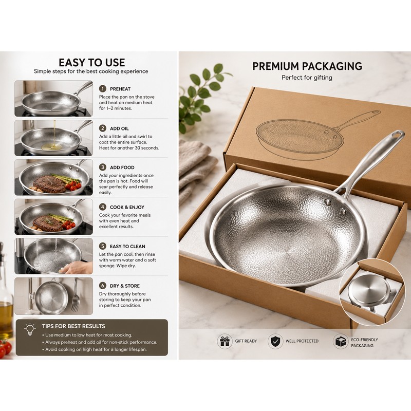 32cm Titanium Stainless Steel Frying Pan Non-stick Wok Skillet with