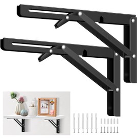 10 Inch Folding Shelf Brackets, Pynsseu Heavy Duty Stainless Steel Collapsible Black Shelf Bracket, DIY Triangle Folding Shelf Bracket Wall Mounted for Table Work Bench Space Saving, 4 Pack