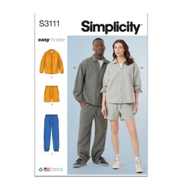 Simplicity SS3111A Unisex Jacket, Pull-on Shorts and Pull-on Pants Sewing Pattern Packet, Design Code S3111, Sizes XS-S-M-L-XL-XXL