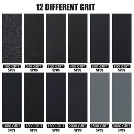 LYFJXX Wet Dry Sandpaper, 60 pcs 9 x 3.6 Inch 150 240 320 400 600 800 1000 1200 1500 2000 2500 3000 Grit Sanding Paper for Wood Furniture Finishing,Metal Sanding,Automotive Sanding