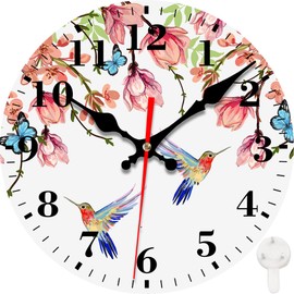 VURQLHE Wall Clocks Battery Operated, Hummingbirds and Pink Flowers Silent Non Ticking Decorative Indoor Outdoor Wall Clocks for Living Room Kitchen Bedroom Bathroom 12"