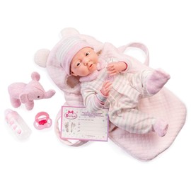 JC Toys - La Newborn Nursery | Deluxe Carry Basket Soft Body Baby Doll 8 Piece Gift Set | 15.5" Life-Like Posable Newborn Doll w/Accessories | Elephant Theme| Ages 2+