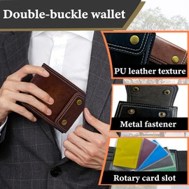 AdiStylinno Bifold Wallets, Fashion Double-Button Mens Wallet Foldable PU Leather Mens Short Wallet with Movable Card Slot (Brown)