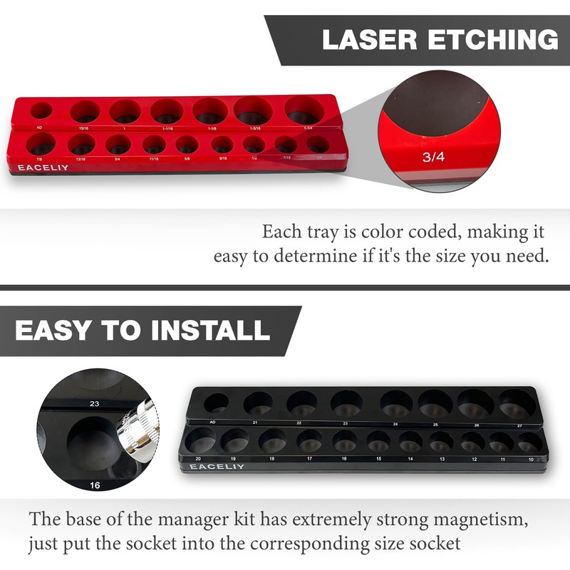 EACELIY 2Pcs 1/2" Magnetic Socket Organizer Set,SAE & Metric Socket