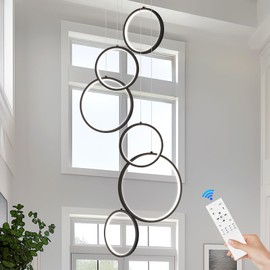 Benkut Modern LED Chandelier 6 Ring Black LED Pendant Light Adjustable Height Hanging Ceiling Light Fixture Dimmable Chandelier Ceiling Hanging for Foyer, Entryway (98.5in 3000K-6500K)