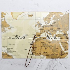 Brown World Map Passport Holder with Card Case - PVC Waterproof Travel Wallet for Women & Men, Elastic Band Closure for Passports, Credit Cards & Boarding Passes