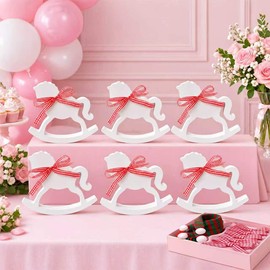 6Pc White Wood Rocking Horse Decor, Baby Shower Table Centerpiece