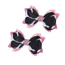 2Pcs Cow Print Hair Bow Clips - Pink Glitter Handmade Satin Bowknot Cute Alligator Hair Barrettes New Year Party Hair Accessories for Toddler Teen Girls Kids(Pink-Cow)